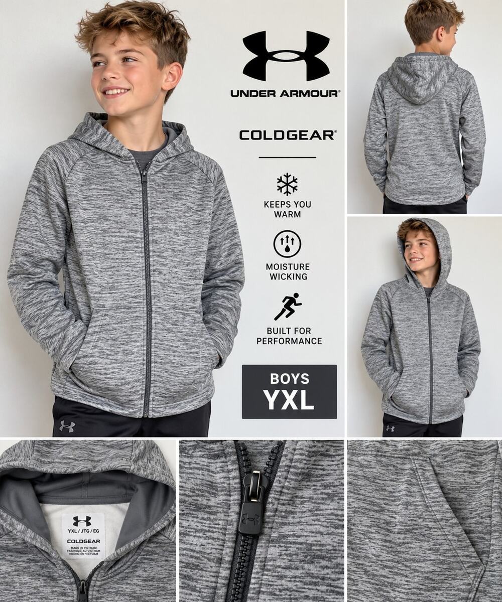 Under Armour ColdGear Boys YXL Gray Heather Full Zip Hooded Hoodie Jacket